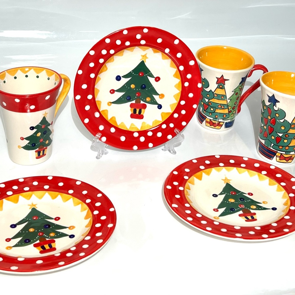 Living Art Carnival Christmas Tree Set of 3 Ceramic Dessert Plates & Mugs NEW